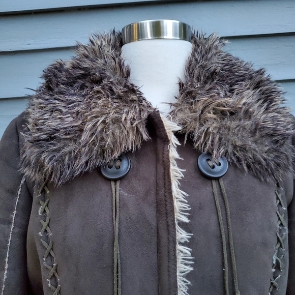 Vintage 90s y2k Esprit Brown Vegan Suede Faux Fur Collar Monster Penny Lane Coat - Picture 2 of 8